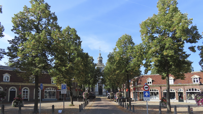 902681 Gezicht op de huizen aan het Kerkplein te Driebergen-Rijsenburg, met centraal op de achtergrond de voorgevel van ...